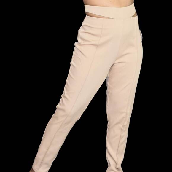 Camila Coelho Pants Tan Taupe Waist Cutouts High Waisted Tapered Trouser Medium - Picture 8 of 13